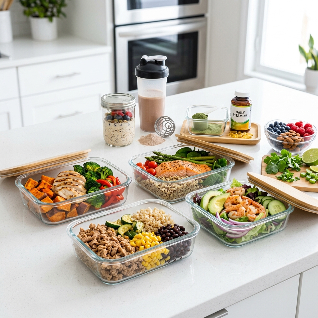Professional meal prep containers filled with high-protein bodybuilding food, chicken breast, broccoli, brown rice, healthy supplements, clean studio lighting, no woman
